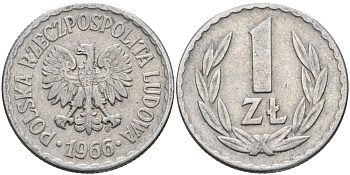 Польша 1 злотый 1966 MW, Народная Республика KM 49.1, Parchimowicz 213c алюминий 3336-734