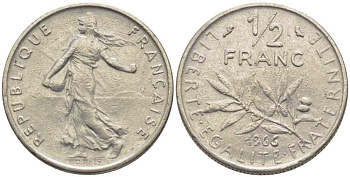 ФРАНЦИЯ 1/2 ФРАНКА 1966 СЕЯТЕЛЬ KM 931.1, LE FRANC 198.5 никель 175-932