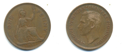 Великобритания 1 пенни 1937 Георг VI (1936-1952) KM 845, Spink 4114 бронза 89-121