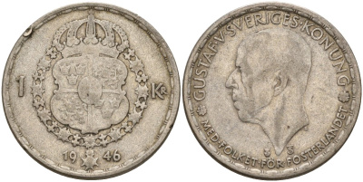 Швеция 1 крона 1946 TS, Густав V (1907-1950) KM 814 серебро 4148-1026