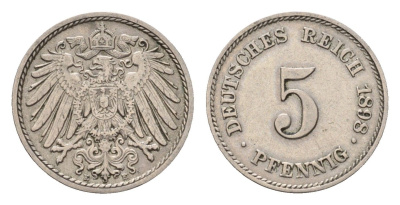 Германия 5 пфеннигов 1898 E, Вильгельм II (1888-1918) KM 11, J. 12 медно-никель 54-447