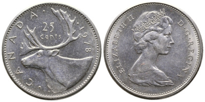 КАНАДА 25 ЦЕНТОВ 1978 ОЛЕНЬ, ЕЛИЗАВЕТА II KM 62b никель 4364-2021