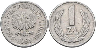 Польша 1 злотый 1966 MW, Народная Республика KM 49.1, Parchimowicz 213c алюминий 3336-734