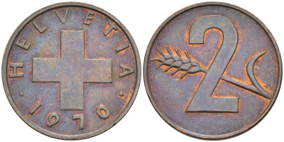 Швейцария 2 раппена 1970 KM 47 бронза 4592-633