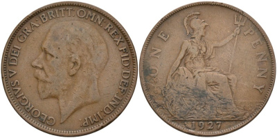 Великобритания 1 пенни 1927 Георг V (1910-1936) KM 826, Spink 4054 бронза 82-622