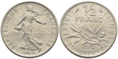 ФРАНЦИЯ 1/2 ФРАНКА 1966 СЕЯТЕЛЬ KM 931.1, LE FRANC 198.5 никель 175-932