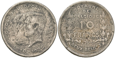 Бельгия КОПИЯ 10 франков 1930 белый металл 63-512