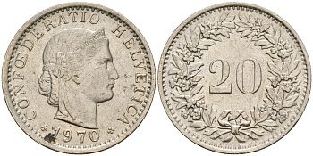 Швейцария 20 раппенов 1970 KM 29а медно-никель 4364-1416