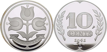 НИДЕРЛАНДЫ МЕДАЛЬ ND 10 ЦЕНТОВ 1941, ДИАМЕТР 45 ММ., ВЕС 31,33 ГР. серебро PROOF 00-00