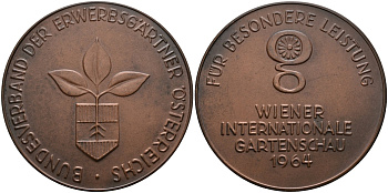 Австрия медаль 1964 Венский международный садоводческий конкурс, Федеральная Ассоциация садоводов Австрии, диаметр 60,5 мм. бронза 1089-6-22