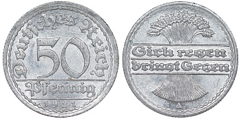 Германия 50 пфеннигов 1921 A KM 27, J. 301 алюминий aUNC 4114-833