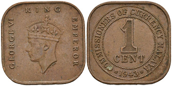 Британская Малайя 1 цент 1943 Георг VI (1937-1952) KM 6 бронза 4153-641