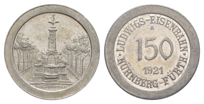 Нюрнберг - Фюрт 150 пфеннигов 1921 юбилейный жетон железной дороги - художественный фонтан Men05 19217.2, Men18 24057.2 алюминий aUNC 4582-842