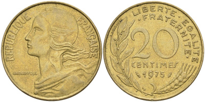 Франция 20 сантимов 1975 тип Marianne KM 930, Le Franc 156.15 медь алюминий никель 4592-1043