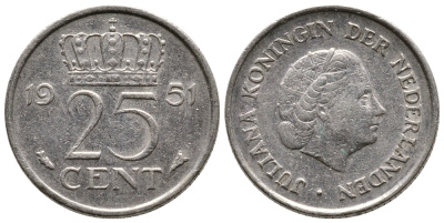 Нидерланды 25 центов 1951 Юлиана (1949-1980) KM 183 никель 75-1119