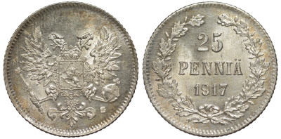 Россия для Финляндии 25 пенни 1917 S, временное правительство, без короны KM 19, Биткин 2 серебро 75-1525