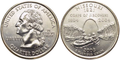 США 25 центов = квотер 2003 D, серия штаты США, Миссури KM 346 медь плакированная медно-никелем UNC M49-17