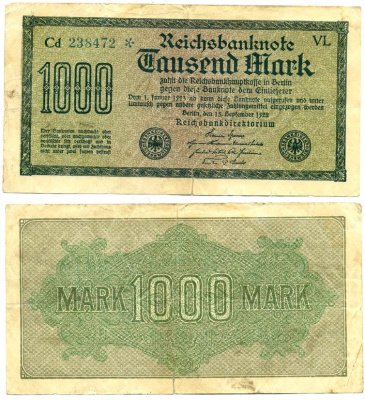 Германия 1000 марок 1922 15 сентября 1922, водяной знак G, белая бумага Pick 76 e  бумага   435-24-2-2