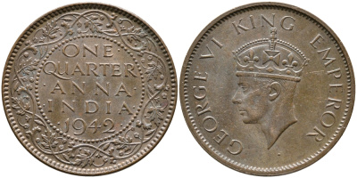 Британская Индия 1/4 анна 1942 Георг VI (1937-1952) KM 531 бронза aUNC 3334-435