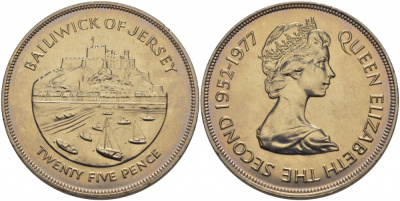 Гернси 25 пенсов 1978 Королевский визит, в оригинальной пластиковой коробке KM 32 медно-никель UNC 1085-4-22