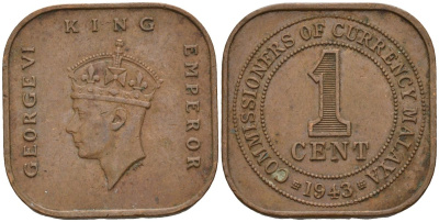 Британская Малайя 1 цент 1943 Георг VI (1937-1952) KM 6 бронза 4153-641