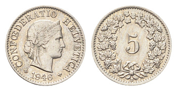 Швейцария 5 раппенов 1946 B KM 26 медно-никель 4705-1238