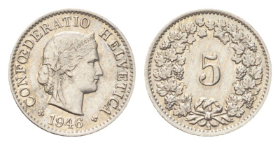 Швейцария 5 раппенов 1946 B KM 26 медно-никель 4705-1238