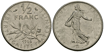 Франция 1/2 франка 1965 сеятель KM 931, Le Franc 198.3 никель 4135-644