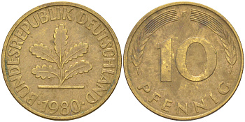 ФРГ 10 пфеннигов 1980 F KM 108, J. 383 сталь плакированная латунью 62-622