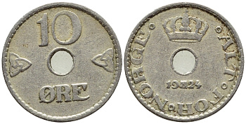 НОРВЕГИЯ 10 ЭРЕ 1924 KM 383 медно-никель 4396-357
