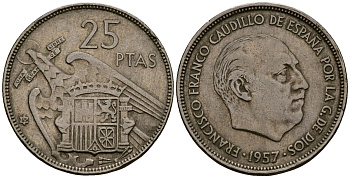 Испания 25 песет 1957 Франсиско Франко (1939-1975) KM 787 медно-никель 4165-942