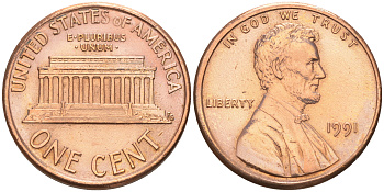 США 1 ЦЕНТ 1991 ЛИНКОЛЬН KM 201b цинк плакированный медью 188-339
