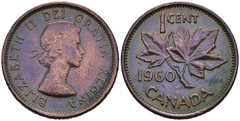 Канада 1 цент 1960 кленовый лист, Елизавета II KM 49 бронза 4564-847