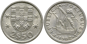ПОРТУГАЛИЯ 2,5 ЭСКУДО 1982 ПАРУСНИК KM 590 медно-никель 4387-126