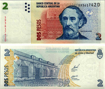 АРГЕНТИНА 2 ПЕСО 2001 СЕРИЯ D 59361, БАРТОЛОМЕО МИТРЕ Pick 346, Bottero 3208 бумага UNC (ПРЕСС) 6352-19-4-2
