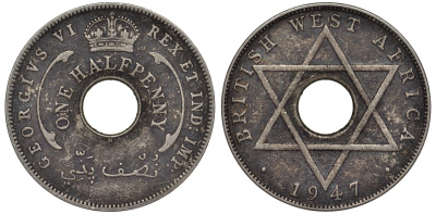 Британская Западная Африка 1/2 пенни 1947 H, Георг VI KM 18 медно-никель 25-2224