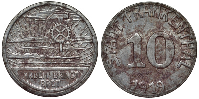 Германия, Франкенталь 10 пфеннигов 1919 Рейнлянд-Пфальц, нотгельд Funck 135.13 железо 4119-1114