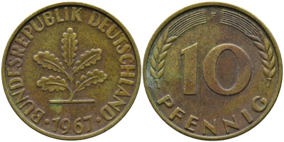 ФРГ 10 пфеннигов 1967 F J. 383, KM 108 сталь плакированная латунью 98-416