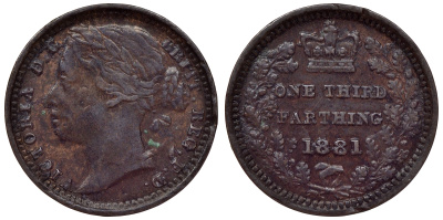 Великобритания 1/3 фартинга 1881 Виктория (1837-1901) KM 750, Spink 3960 бронза 1531-241