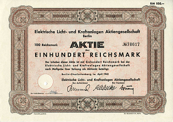 Германия 100 рейхсмарок 1943 АО Электрические осветительные и энергетические установки, Берлин, акция   бумага   8804-64-1