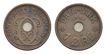 Дания 1 эре 1928 N, Кристиан X (1912-1947) KM 826 бронза 4639-668