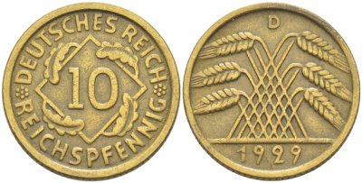 ГЕРМАНИЯ 10 РЕЙХСПФЕННИГОВ 1929 D KM 40, J. 317, Weege 9 алюминиевая бронза 4182-715