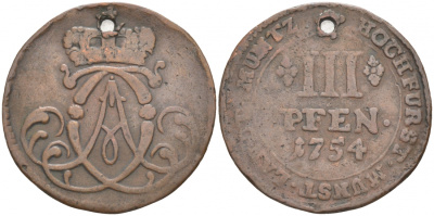 Мюнстер 3 пфеннига 1754 с отверстием KM 178 медь 73-156