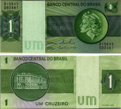 Бразилия 1 крузейро ND (1980) серия В 15ххх, подпись 20, голова свободы, здание Центрального банка Pick 191Ac бумага UNC (пресс) 7547-30-3-2