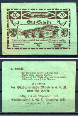 Маутерн-на-Дунае 20 геллеров 1920 Jaksc/Pick?JPR0600IIc-20 бумага aUNC 7556-32-4-2