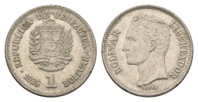Венесуэла 1 боливар 1989 Симон Боливар, тонкий шрифт Y 52a.1 сталь плакированная никелем 4662-851