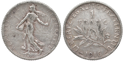 Франция 1 франк 1916 KM 844.1 серебро 4178-614