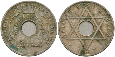 Британская Западная Африка 1/2 пенни 1947 H, Георг VI KM 18 медно-никель 25-1136