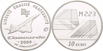 Франция 10 евро 2009 40 лет самолетам Конкорд, превышение скорости звука в 2,23 раза KM NEW серебро PROOF 11-076-11