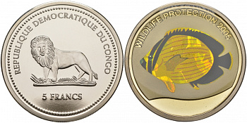 Конго 5 франков 2005 защита дикой природы, рыба бабочка, галограмма KM 179 медно-никель BUNC M7-4